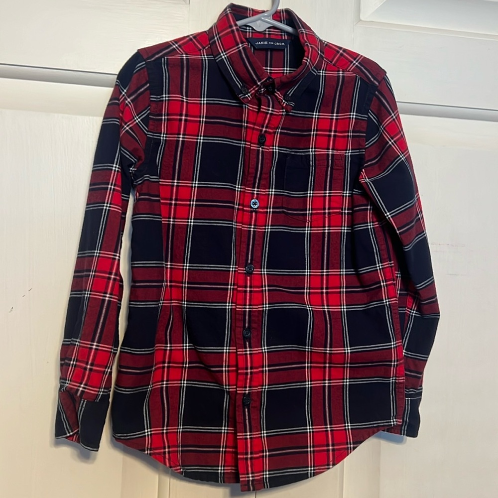 Boys Janie and Jack size 6 red and navy plaid button down shirt